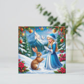 雪の乙女がウサギと共に冬の森の風景の中で シーズンカード (スタンド正面)