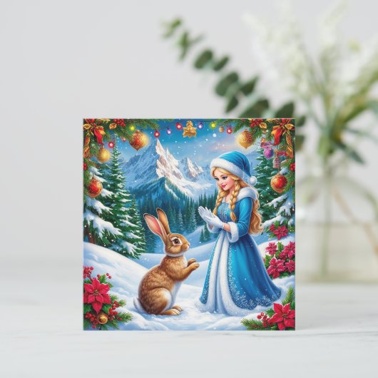 雪の乙女がウサギと共に冬の森の風景の中で シーズンカード (スタンド正面)
