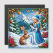 雪の乙女がウサギと共に冬の森の風景の中にいる (正面/裏面)