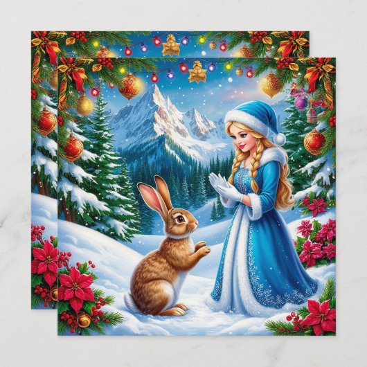 雪の乙女がウサギと共に冬の森の風景 シーズンカード (正面/裏面)