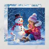 雪の人形に物語を読む少女のクリスマス シーズンカード (正面/裏面)