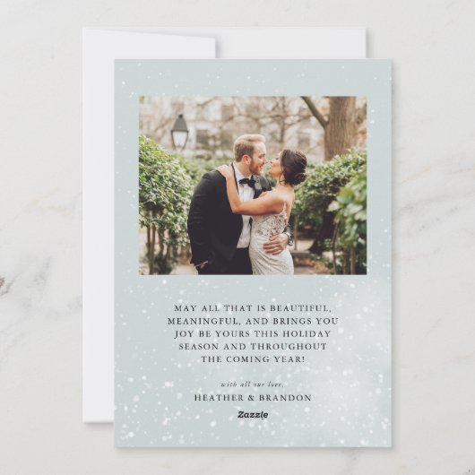 雪の休日の新婚アーチ写真クリスマス シーズンカード (裏面)