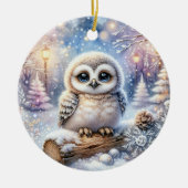 雪の光の中のフクロウの赤ちゃん セラミックオーナメント (正面)