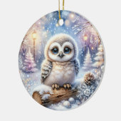 雪の光の中のフクロウの赤ちゃん セラミックオーナメント (左)