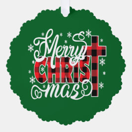 雪の入ったバッファローチェックのクリスチャン・クリスマスデザイン オーナメントカード