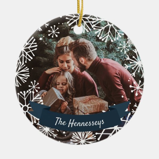 雪の円 |写真パーソナライズされた セラミックオーナメント (正面)