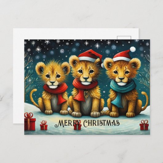 雪の冬かわいいサンタベビーライオンズクリスマス ポストカード (正面/裏面)