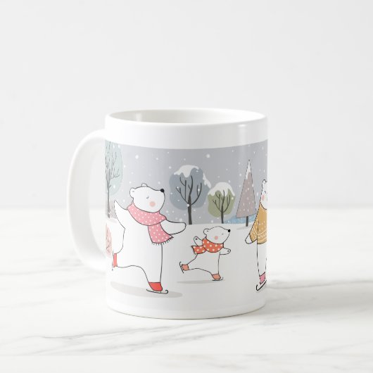 雪の冬にアイススケートでホッキョクグマを引く コーヒーマグカップ (正面左)