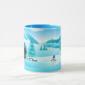雪の冬のウッズキャビンと可愛い雪だるま マグカップ (中央)