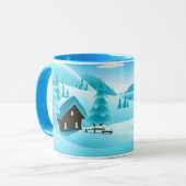 雪の冬のウッズキャビンと可愛い雪だるま マグカップ (正面左)