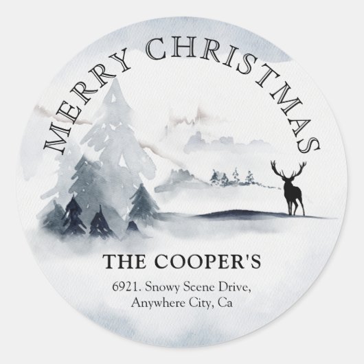 雪の冬のウッズクリスマス差出人住所 ラウンドシール (正面)