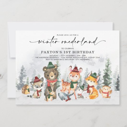 雪の冬のオンダーランドウッドランド動物誕生日 招待状 (正面)