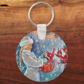 雪の冬のクリスマスかわいい女の子とリス キーホルダー (正面)