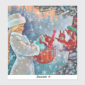 雪の冬のクリスマスかわいい女の子とリス シール (シート)