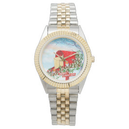 雪の冬のクリスマスバードと赤いポストボックスのメンズ 腕時計
