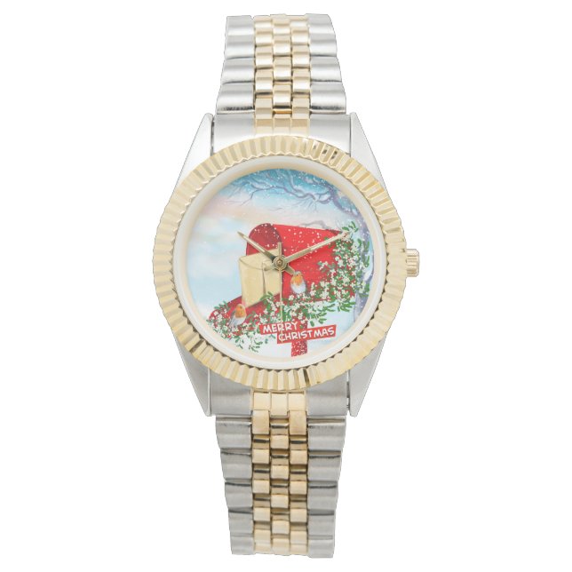 雪の冬のクリスマスバードと赤いポストボックスのメンズ 腕時計 (正面)