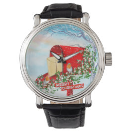 雪の冬のクリスマスバードと赤いポストボックスのメンズ 腕時計