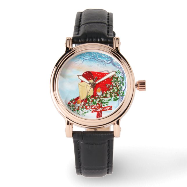 雪の冬のクリスマスバードと赤いポストボックスの女性 腕時計 (正面)