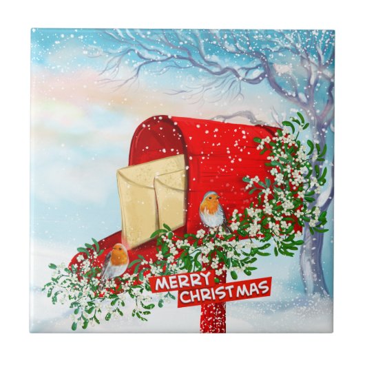 雪の冬のクリスマスバードのギフトボックス タイル (正面)