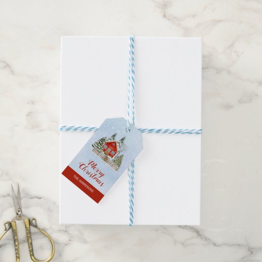 雪の冬のコテージモアツリーズクリスマス ギフトタグ (より糸付き)