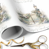 雪の冬のシーンパインランプ水色クリスマス ラッピングペーパー