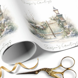 雪の冬のシーンパインランプ水色クリスマス ラッピングペーパー