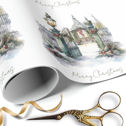 雪の冬のシーン水の色クリスマスビレッジ ラッピングペーパー