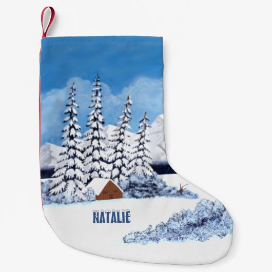 雪の冬のシーン スモールクリスマスストッキング (正面)