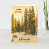 雪の冬のパスと松の木誕生日 カード (正面)