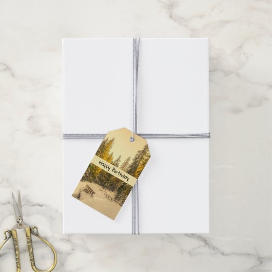 雪の冬のパスと松の木誕生日 ギフトタグ (より糸付き)