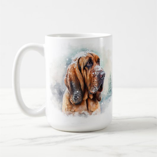 雪の冬のブラッドハウンド犬顔 コーヒーマグカップ (左)