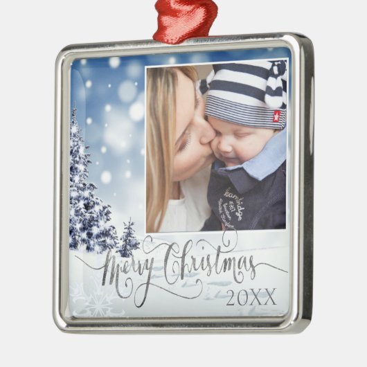 雪の冬のワンダーランドのクリスマスカスタム写真 メタルオーナメント (左)
