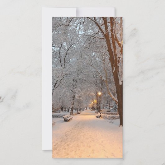 雪の冬の公園シーンのグリーティングカード シーズンカード (正面)