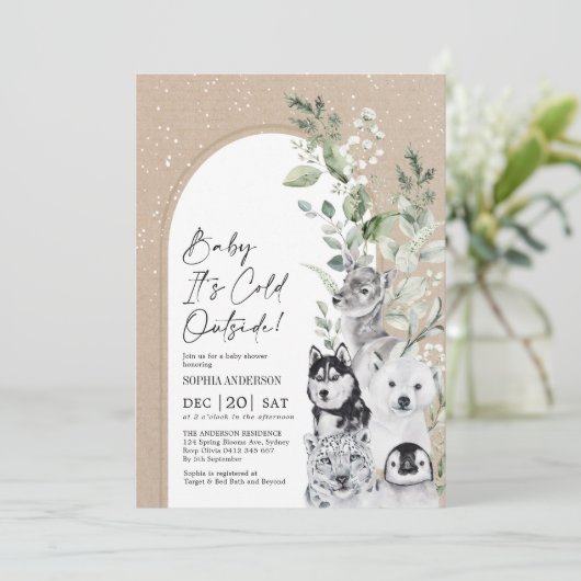 雪の冬の動物ボホアーチベイビーシャワー 招待状 (スタンド正面)