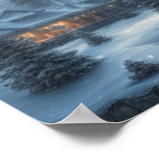 雪の冬の夕べ、森の居心地の良い家 ポスター (角)