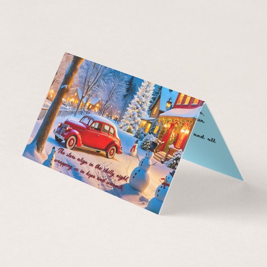 雪の冬の夜のシーンのクリスマスカード (正面)