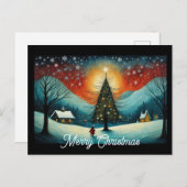 雪の冬の夜の山の村クリスマスツリー シーズンポストカード (正面/裏面)