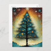 雪の冬の夜の山クリスマスツリー シーズンポストカード (正面/裏面)