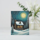 雪の冬の夜の森コテージクリスマス シーズンポストカード (スタンド正面)