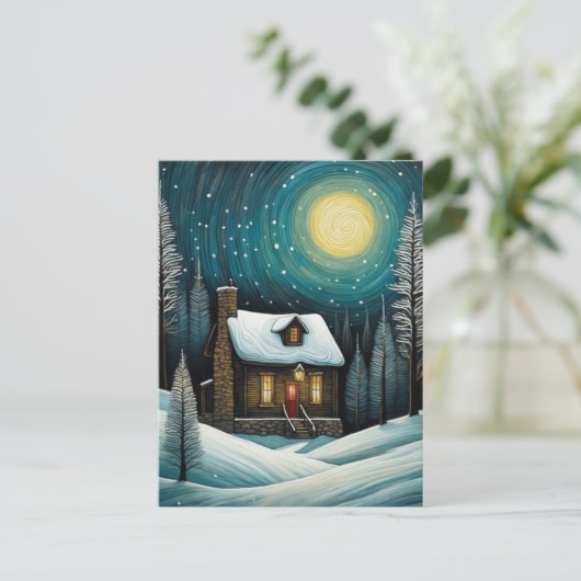 雪の冬の夜の森コテージクリスマス シーズンポストカード (スタンド正面)