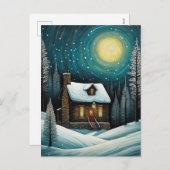 雪の冬の夜の森コテージクリスマス シーズンポストカード (正面/裏面)