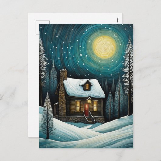 雪の冬の夜の森コテージクリスマス シーズンポストカード (正面/裏面)