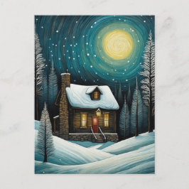 雪の冬の夜の森コテージクリスマス シーズンポストカード