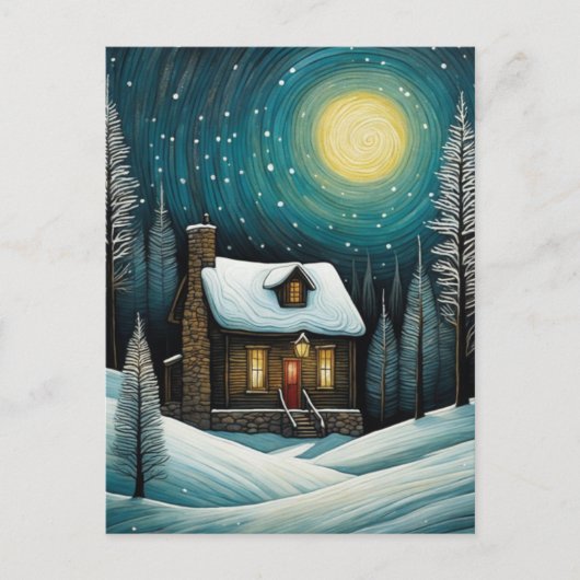 雪の冬の夜の森コテージクリスマス シーズンポストカード (正面)