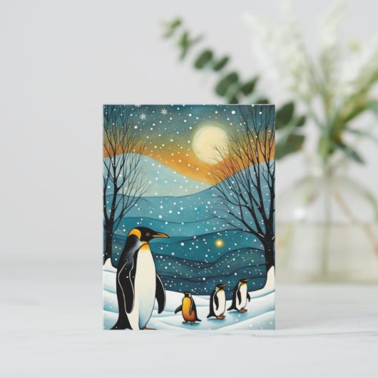 雪の冬の夜ペンギンのクリスマスホリデー シーズンポストカード (スタンド正面)