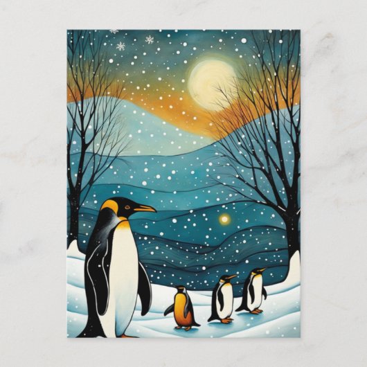 雪の冬の夜ペンギンのクリスマスホリデー シーズンポストカード (正面)