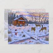 雪の冬の小屋と鹿のクリスマス シーン 招待状 (正面/裏面)