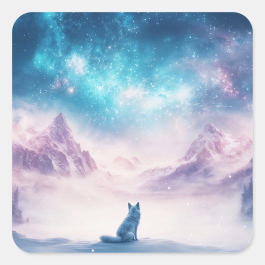 雪の冬の山の風景に座るオオカミ スクエアシール (正面)