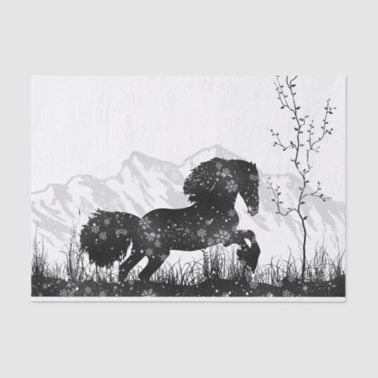 雪の冬の山を駆け抜ける馬 薄葉紙 (正面)