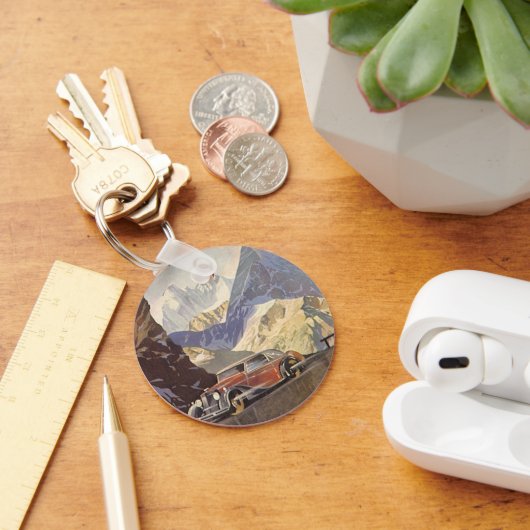 雪の冬の山道のビンテージカー キーホルダー (デスク)